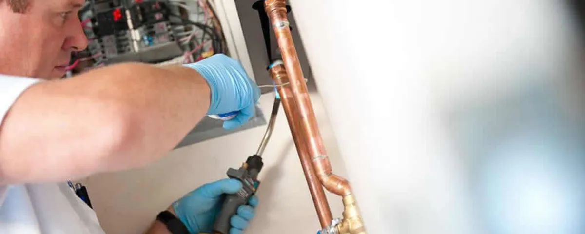Water heater repair technician testing copper pipe connections and controls in Chattanooga, TN